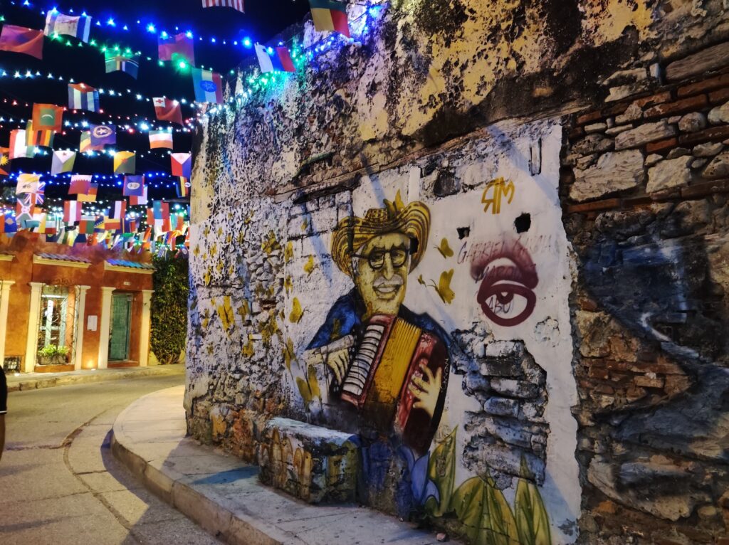 Colorful street art and historic walls in Getsemani neighborhood of Cartagena Colombia
