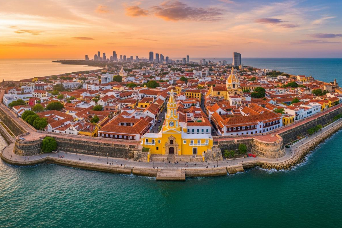 Aerial view of Cartagena's historic walled city along the Caribbean coast in Colombia